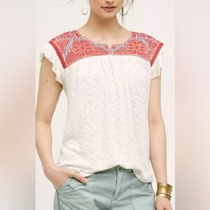 Anthropologie Evin Top One September Embroidered Boho Blouse Size S Red White